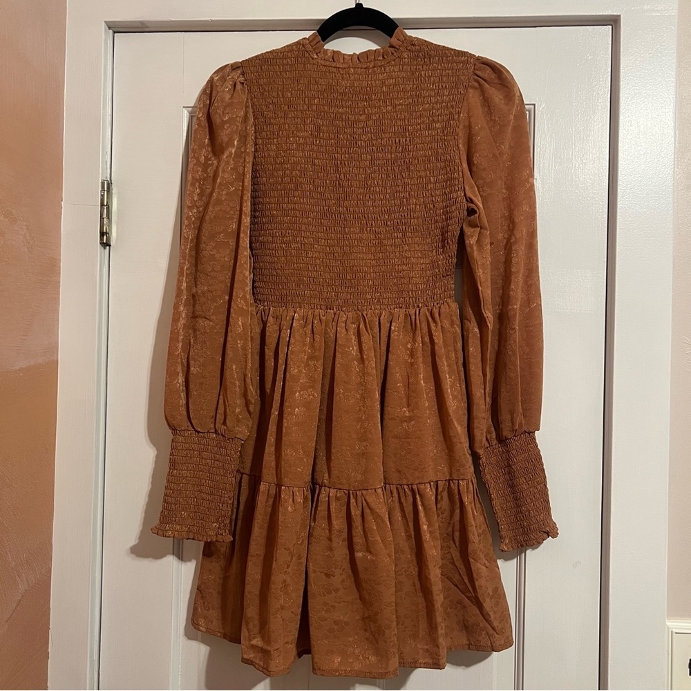 #184 Pink Lily Mockneck Terracotta Brown Smocked Fitted Dress Small - Picture 3 of 5